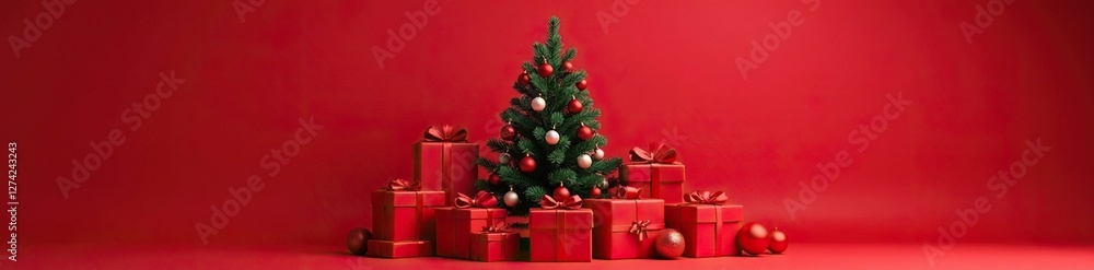 Red gift boxes stacked around a central decorative tree, festive, stack, presents Red gift boxes stacked around a central decorative tree, festive, stack, presents