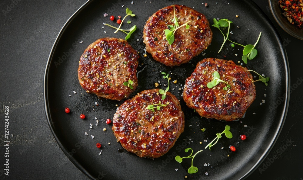 A plate of four meat patties with parsley on top A plate of four meat patties with parsley on top