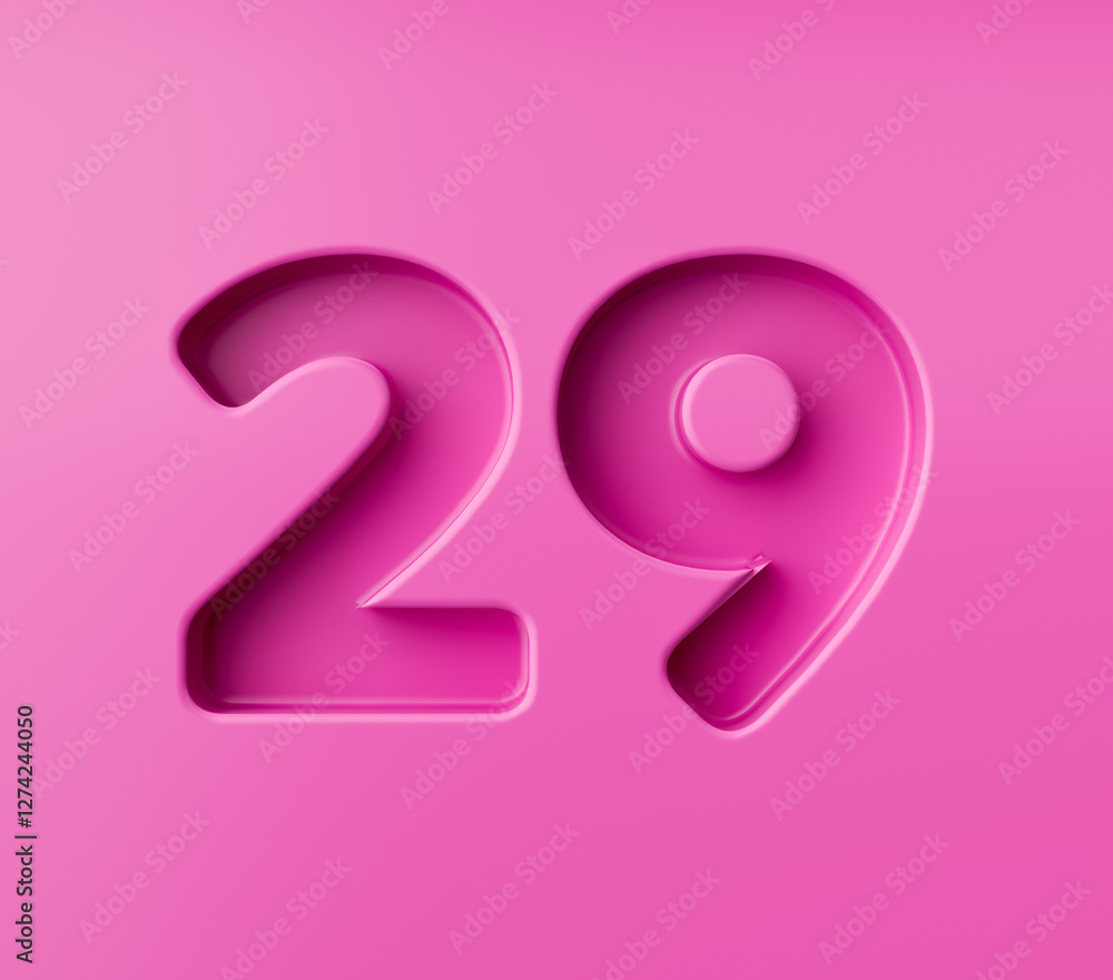 Vibrant pink number 29 Twenty nine embossed on a pink background, 3d illustration Vibrant pink number 29 Twenty nine embossed on a pink background, 3d illustration