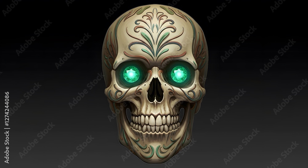Ornate Skull with Emerald Eyes on Dark Background Fantasy Art Ornate Skull with Emerald Eyes on Dark Background Fantasy Art