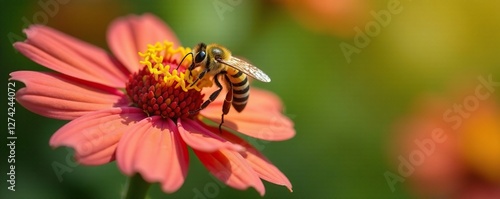 Yellow and black striped bee collecting nectar from a flower, black, stripes