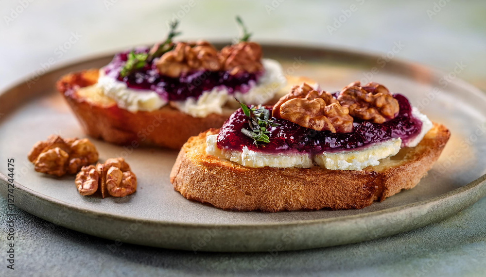 Toasted bread with goat cheese, fig jam and walnuts. Tasty food for breakfast. Delicious snack. Toasted bread with goat cheese, fig jam and walnuts. Tasty food for breakfast. Delicious snack.