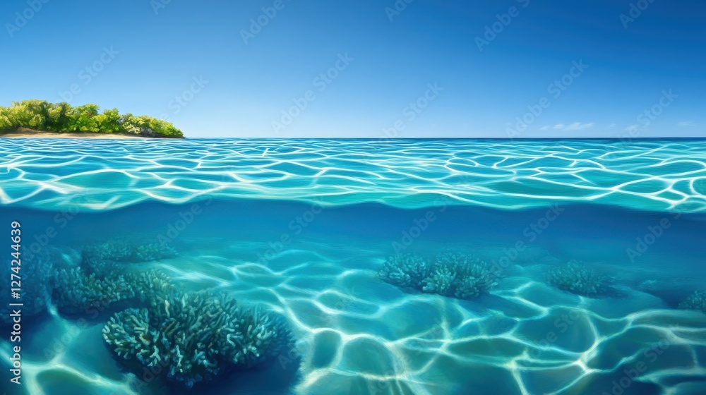 Obraz premium A serene underwater scene showcases crystal clear water, vibrant coral reefs, and a distant island under a bright blue sky, highlighting the beauty of marine ecosystems.