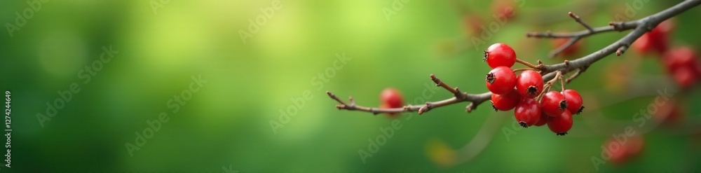 Red berries against a soft green background with bare branches, branch, autumnal, berries Red berries against a soft green background with bare branches, branch, autumnal, berries