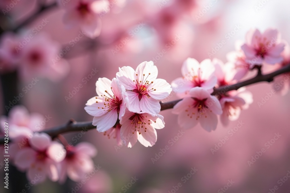 Soft focus captures pink flower details on tree branches, cherry blossoms, blossom tree Soft focus captures pink flower details on tree branches, cherry blossoms, blossom tree