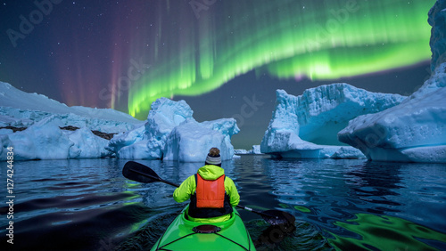 Traveling north by kayak in the North Sea with icebergs.