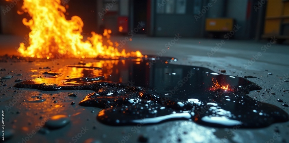 Dark viscous liquid spreading across a steel floor with flames, petroleum spill, gas explosion site, chemical spill