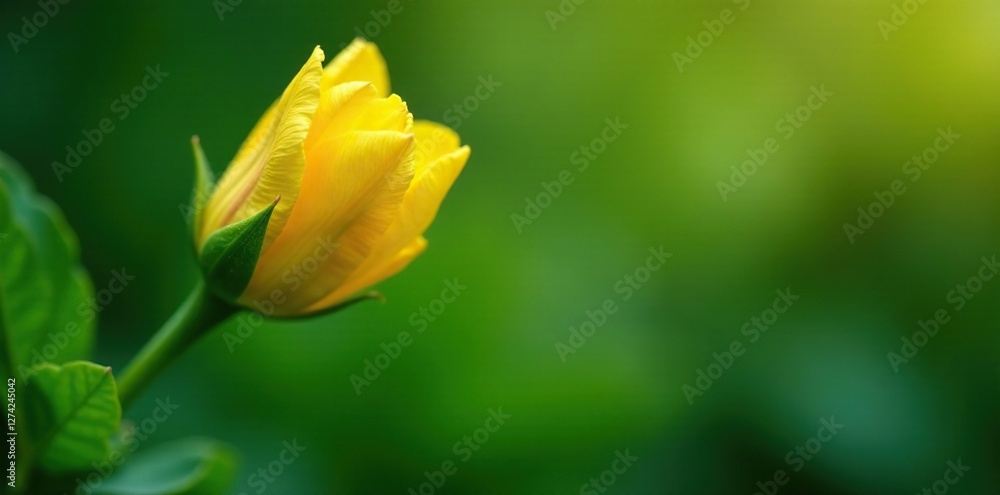 Delicate golden petals unfolding on a stem with intricate alternate leaves, nature, green Delicate golden petals unfolding on a stem with intricate alternate leaves, nature, green