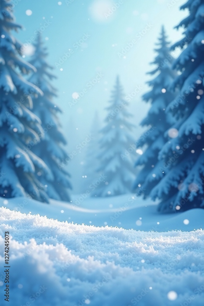 Fototapeta premium Falling snowflakes dance in the pale blue sky, snowy silence, snowfall