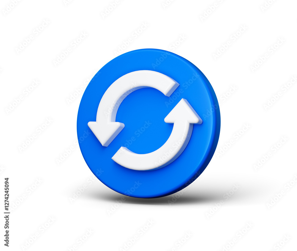 Blue circular button with a white refresh icon featuring two curved arrows, 3d illustration Blue circular button with a white refresh icon featuring two curved arrows, 3d illustration