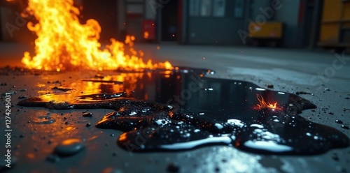 Obraz na płótnie Dark viscous liquid spreading across a steel floor with flames, petroleum spill, gas explosion site, chemical spill w salonie