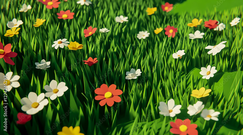 Fototapeta premium Low poly grass field with colorful flowers