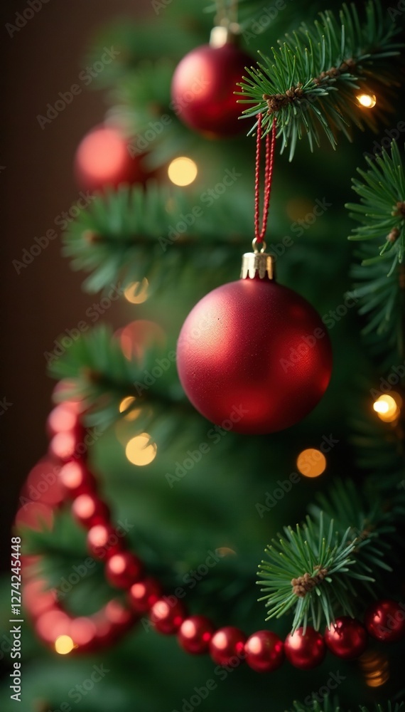 Red bead-like ornament adorns the Christmas tree, festive colors, garlands on tree Red bead-like ornament adorns the Christmas tree, festive colors, garlands on tree