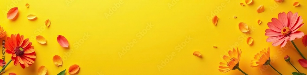 Yellow background with loose, delicate flowers and scattered petals in shades of orange, pink, yellow, blooms Yellow background with loose, delicate flowers and scattered petals in shades of orange, pink, yellow, blooms