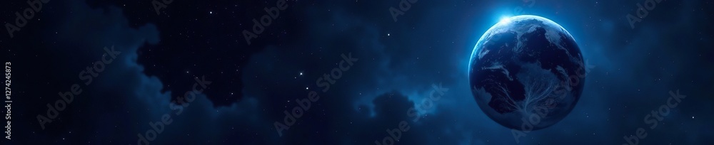 Fototapeta premium Blue Earth as a crescent against dark lunar background, planet, earth, space