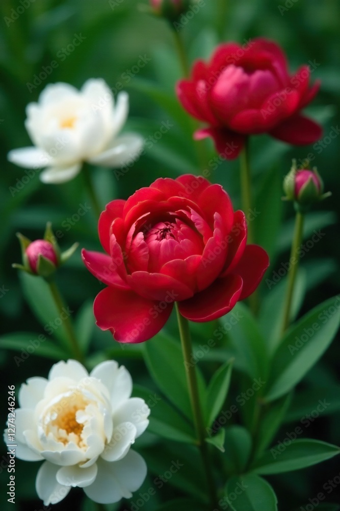 Red focal point on a lush green background amidst white peonies, garden, peony flowers Red focal point on a lush green background amidst white peonies, garden, peony flowers