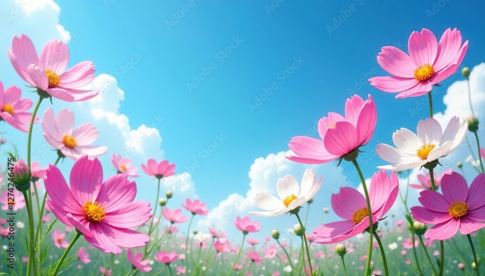Blue sky with pink and white cosmos flowers in full bloom, blue sky, nature scenery