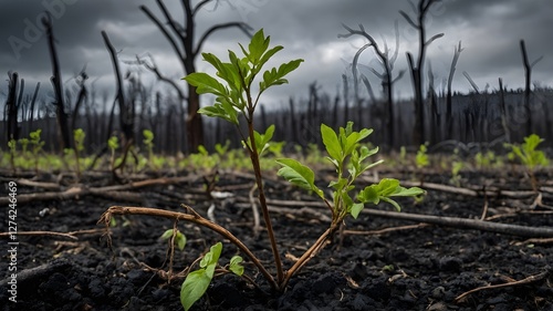 A young plant in the middle of burned down forest. A new hope concept, reboisation image.