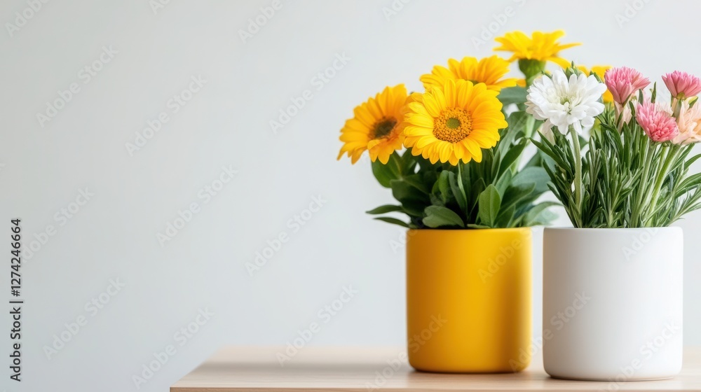 Fototapeta premium Mini bouquets in vases with space for advertising text.