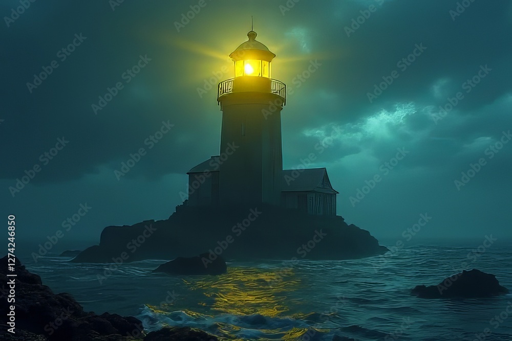 Luminous Lighthouse on a Misty Night Sea Luminous Lighthouse on a Misty Night Sea