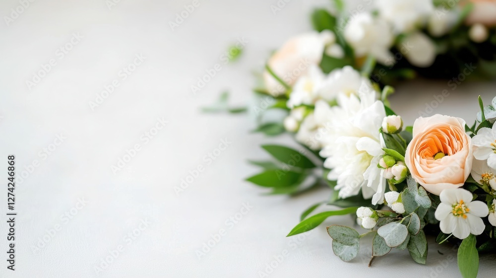 Large spring wreath of flowers on a white table, space for a header. Large spring wreath of flowers on a white table, space for a header.