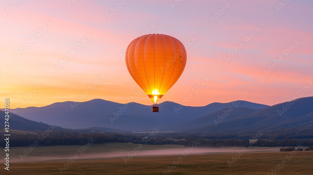 Fototapeta premium Orange hot air balloon glowing at sunrise over misty mountain valley landscape with purple sky. Adventure travel and peaceful morning serenity in nature scenery with copy space
