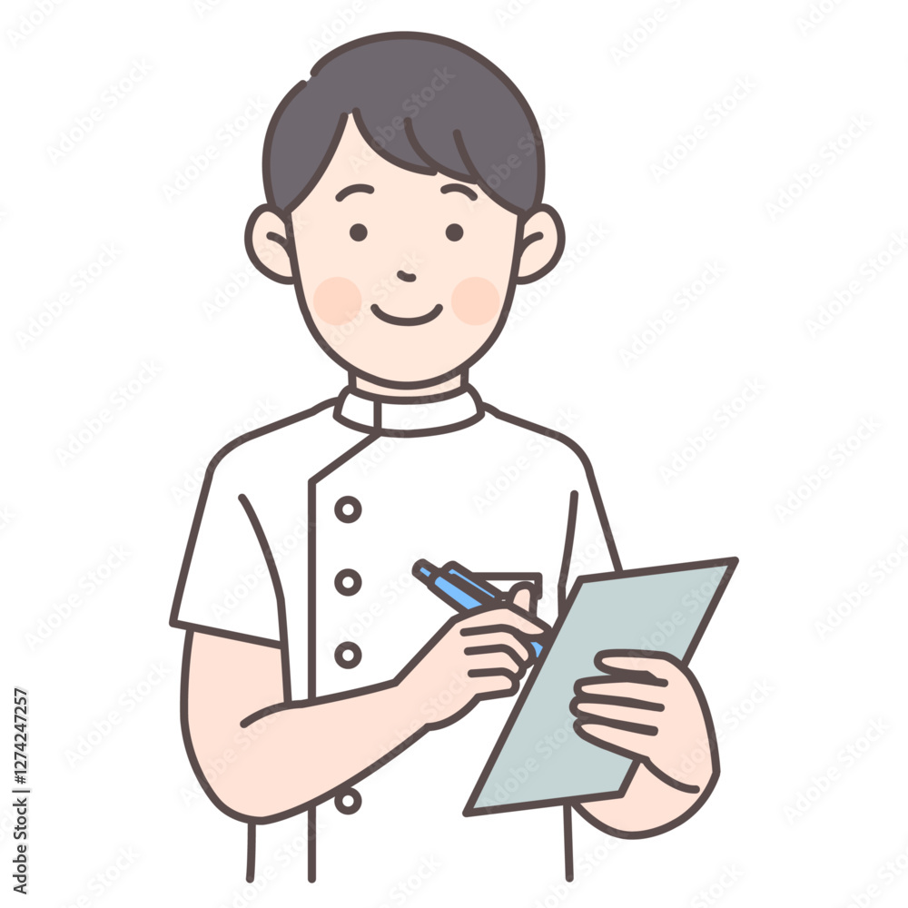 人物_線画03_カルテを書く男性看護師さん_ol