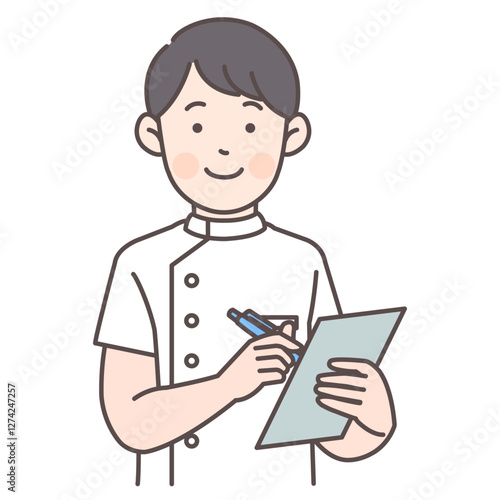人物_線画03_カルテを書く男性看護師さん_ol