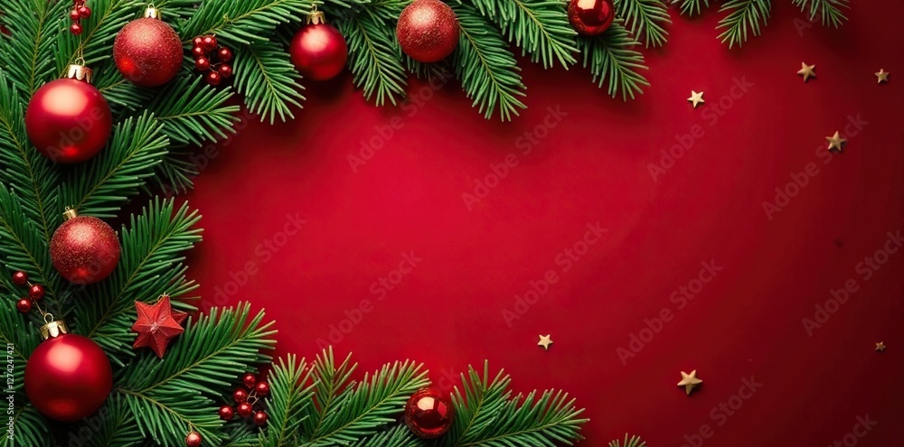 Festive garland and wreath in Christmas composition on red velvet, foliage, ornament Festive garland and wreath in Christmas composition on red velvet, foliage, ornament