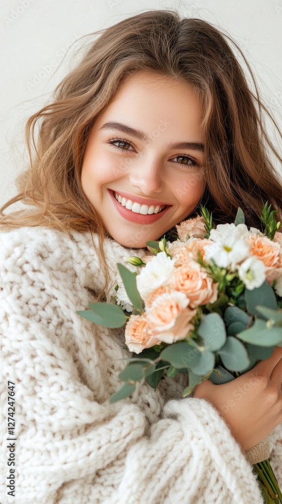 A woman is hugging a bouquet and smiling, space for an inscription. A woman is hugging a bouquet and smiling, space for an inscription.