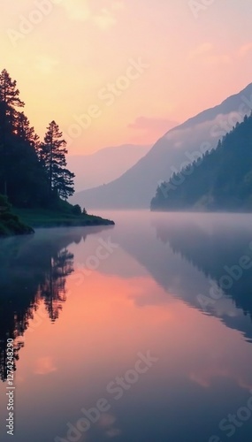 Wallpaper Mural Soft peach mist rises over a serene lake at dawn, nature, water Torontodigital.ca