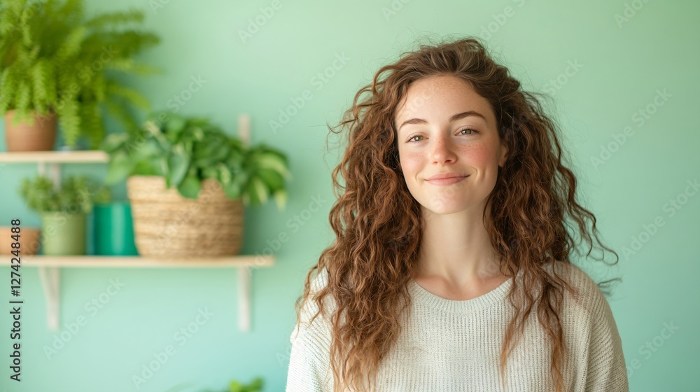 Young woman with curly brown hair smiling at home interior with houseplants on mint green wall background. Natural beauty and wellness lifestyle concept with copy space Young woman with curly brown hair smiling at home interior with houseplants on mint green wall background. Natural beauty and wellness lifestyle concept with copy space