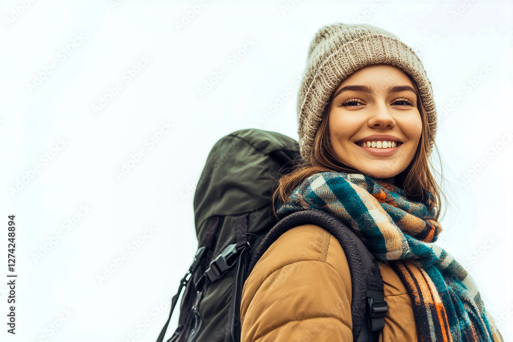 Portrait of a smiling, happy young woman traveler wearing a hat, scarf, and backpack, standing isolated on a white background Portrait of a smiling, happy young woman traveler wearing a hat, scarf, and backpack, standing isolated on a white background