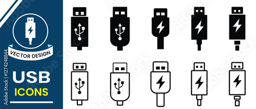 USB icon vector illustration. USB cable, charger icon. White and Black USB cable vector icon. Mobile phone charging cable. Micro USB cables. Vector illustration.