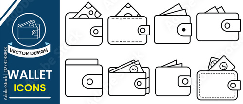 Wallet icon vector set. Outline of Wallet, money icon vector illustration. Moneybag, pay, paying, purchase icon. Wallet symbol for app, logo web design. Vector illustration.