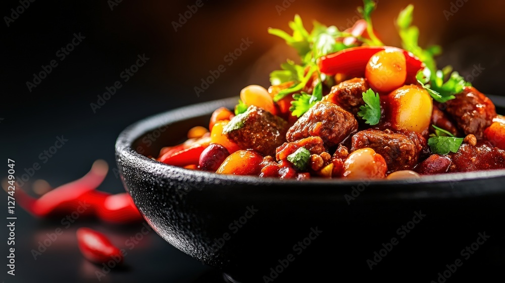 A vibrant bowl of hearty chili, featuring a mix of colorful beans, spices, and fresh herbs. Perfect for showcasing comfort food on a dark background, ideal for culinary promotions. A vibrant bowl of hearty chili, featuring a mix of colorful beans, spices, and fresh herbs. Perfect for showcasing comfort food on a dark background, ideal for culinary promotions.