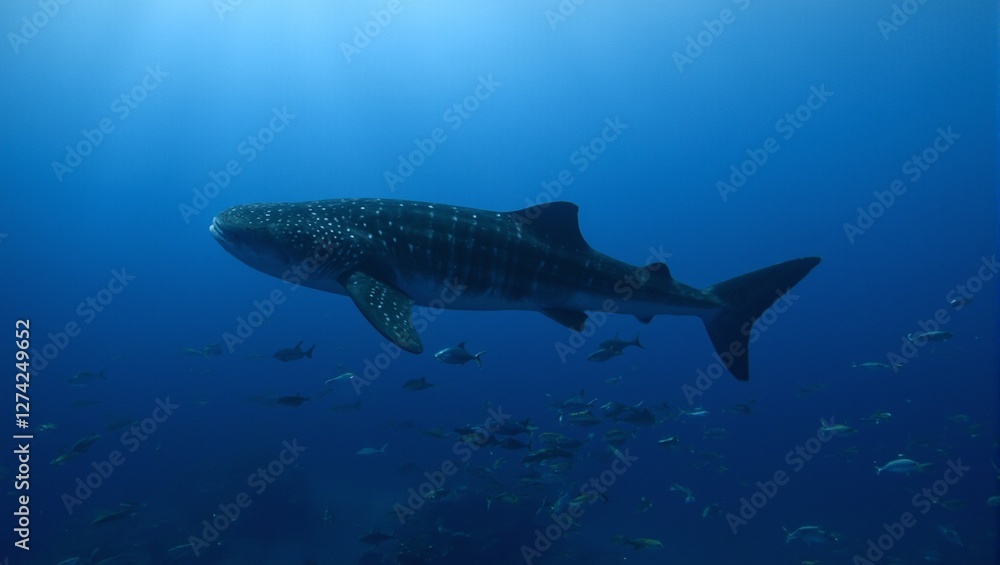 Naklejka premium Graceful whale shark with unique light spots swimming in the open ocean surrounded by smaller fish