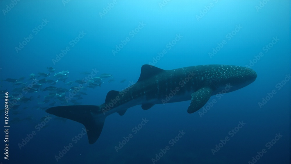 Fototapeta premium Graceful whale shark with unique light spots swimming in the open ocean surrounded by smaller fish