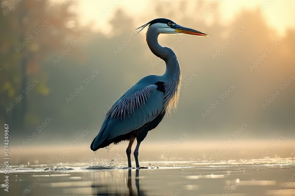 Naklejka premium Majestic Grey Heron in Sunrise Misty Morning Landscape