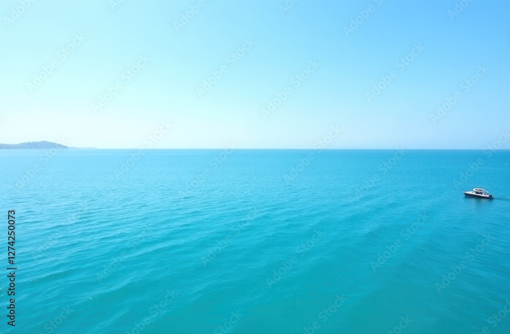 Serene seascape with blue ocean and solitary boat under clear sky Serene seascape with blue ocean and solitary boat under clear sky