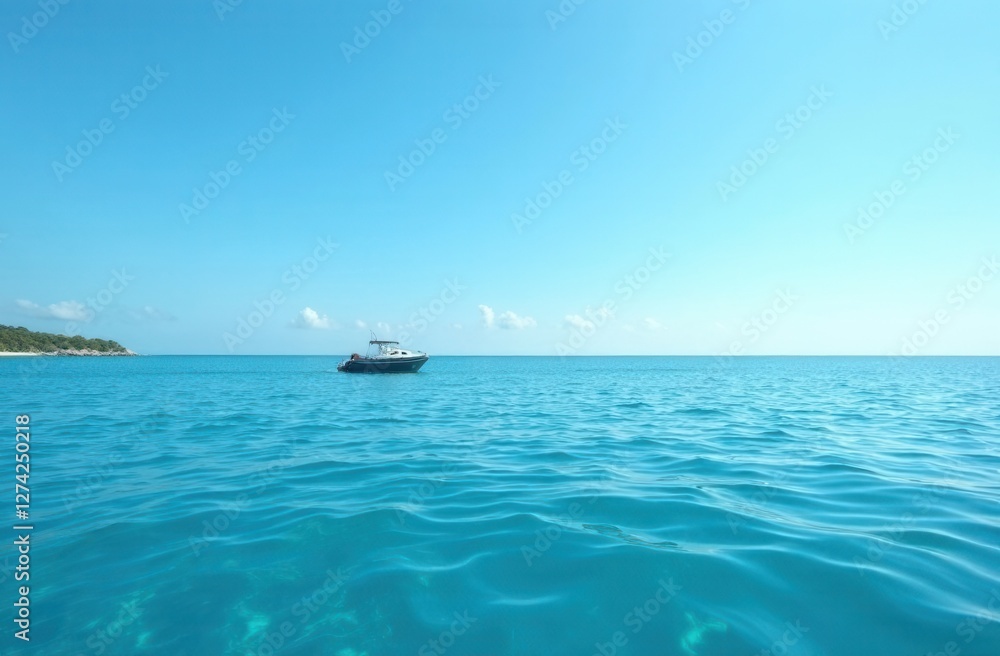Fototapeta premium Serene seascape with lone boat on calm turquoise waters under clear blue sky