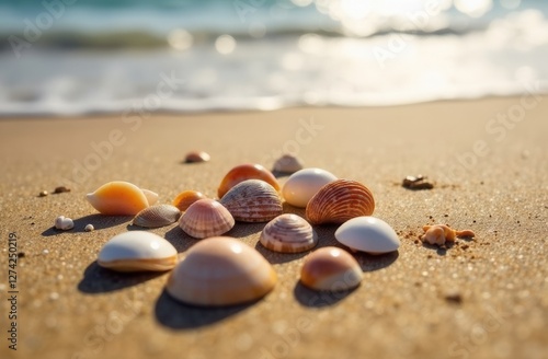 Seashells on sandy beach with sunlit waves in background photo