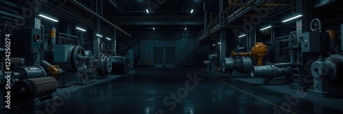 Dark industrial factory floor with exposed machinery, metal beams, factory decay