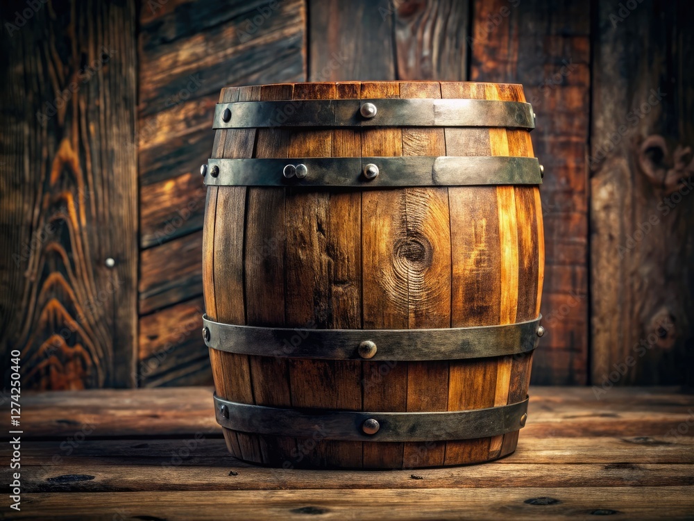 Rustic antique wooden barrel, perfect for wine, whiskey storage. Aged texture, vintage charm. Rustic antique wooden barrel, perfect for wine, whiskey storage. Aged texture, vintage charm.