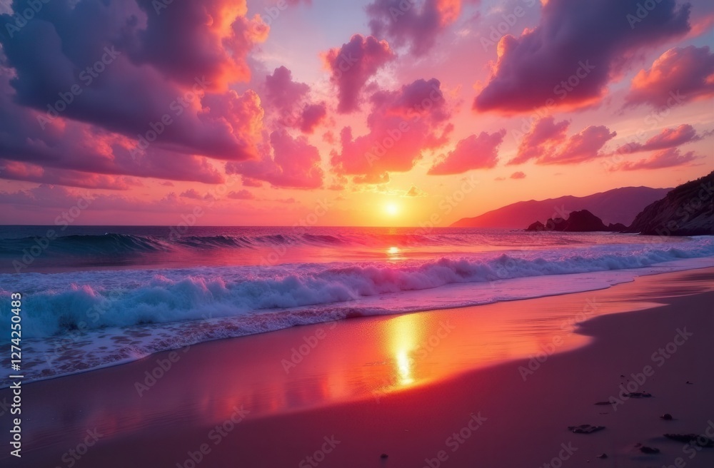 Vibrant beach sunset with colorful clouds and gentle waves Vibrant beach sunset with colorful clouds and gentle waves