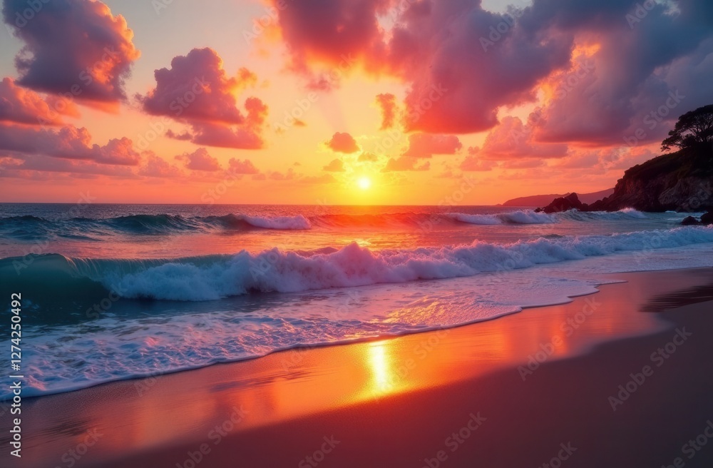 Vibrant sunset over ocean waves on sandy beach Vibrant sunset over ocean waves on sandy beach
