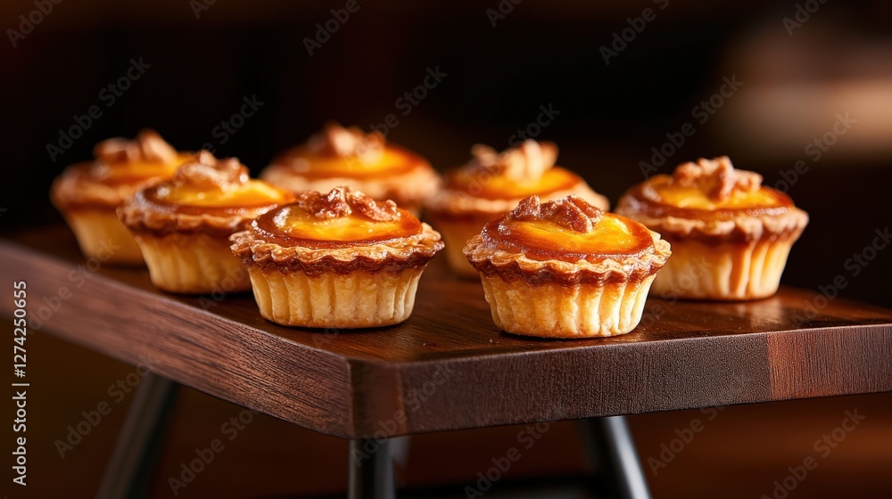 Delicious mini pastries topped with creamy filling and nuts, elegantly presented on a wooden serving tray. Perfect for dessert lovers and festive occasions. Delicious mini pastries topped with creamy filling and nuts, elegantly presented on a wooden serving tray. Perfect for dessert lovers and festive occasions.