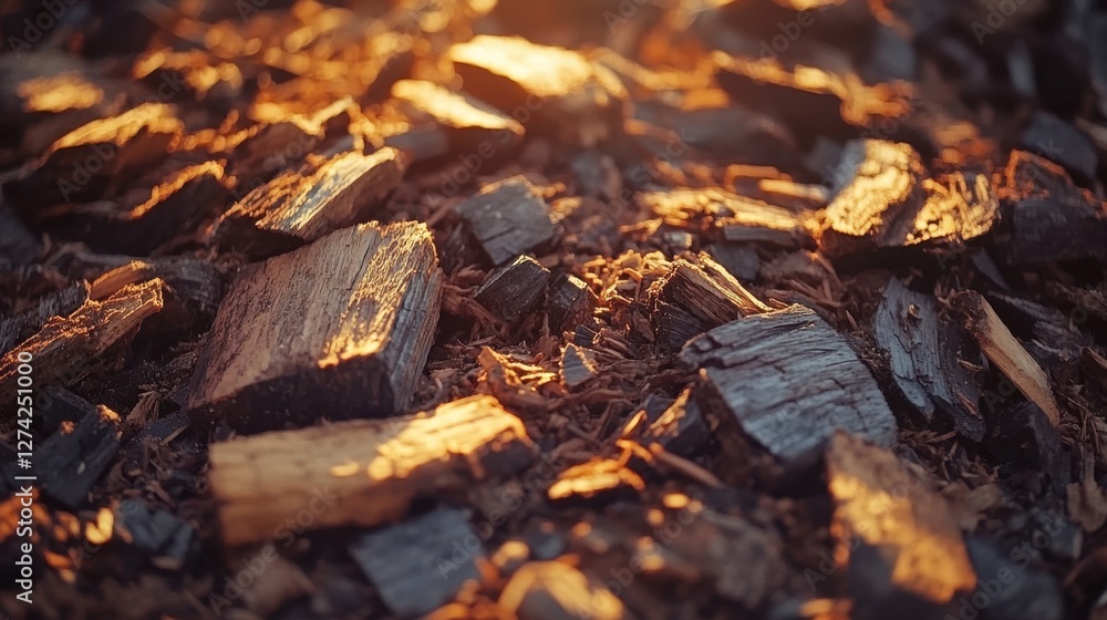Close-up of sunlit wood chips scattered on the ground, creating a warm, natural ambiance Close-up of sunlit wood chips scattered on the ground, creating a warm, natural ambiance