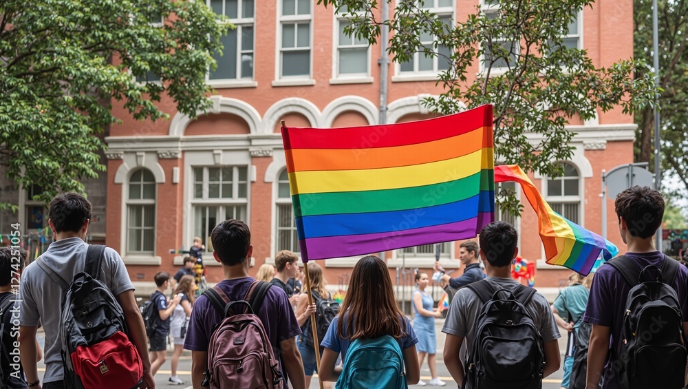 Obraz premium Diverse students holding pride flag at school