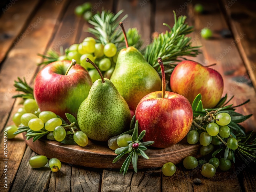 Rustic autumn still life: juicy pears, crisp apples, plump grapes, and fragrant rosemary. Rustic autumn still life: juicy pears, crisp apples, plump grapes, and fragrant rosemary.